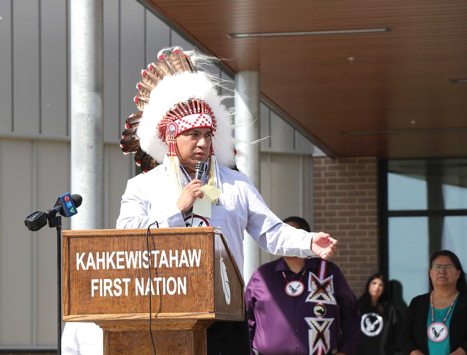 Chief Evan Taypotat speaks at the grand opening of the Chief Joseph Crowe Governance Centre on Kahkewistahaw First Nation Wednesday.